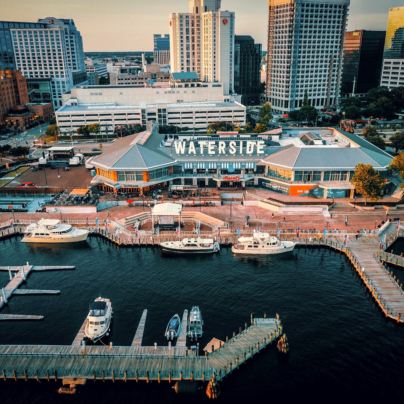 Overview of Norfolk Virginia waterfront at sunset